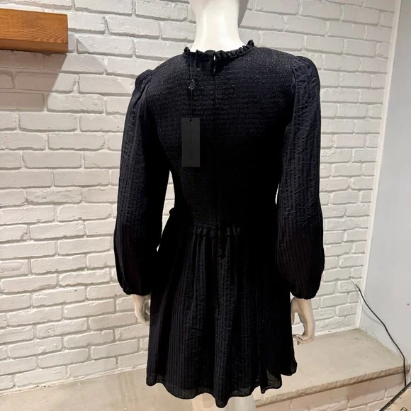 NWT Gianni Bini Black Smocked Mini Dress M Long Sleeve Boho Ruffle Flowy Chic - Picture 7 of 9